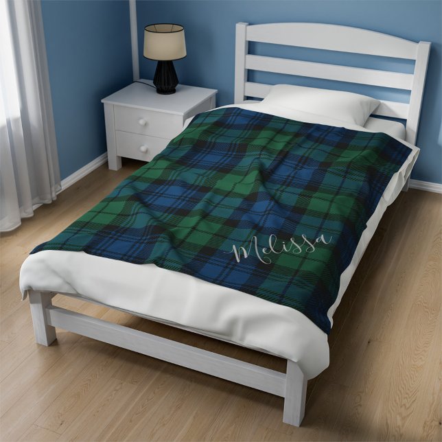 Personalized Clan Campbell Plaid Tartan Blue Green Fleece Blanket (Plaid Blue Green Clan Campbell Tartan Fleece Blanket)