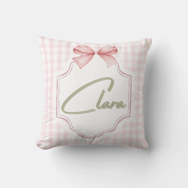 Personalized Clara Baby Girl Nursery Bow&Gingham Cushion (Front)