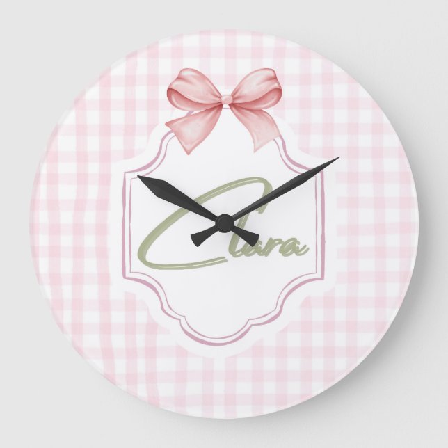 Personalized Clara Baby Girl Nursery Bow&Gingham Large Clock (Front)
