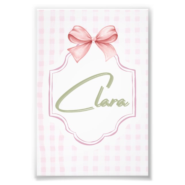 Personalized Clara Baby Girl Nursery Bow&Gingham Photo Print (Front)