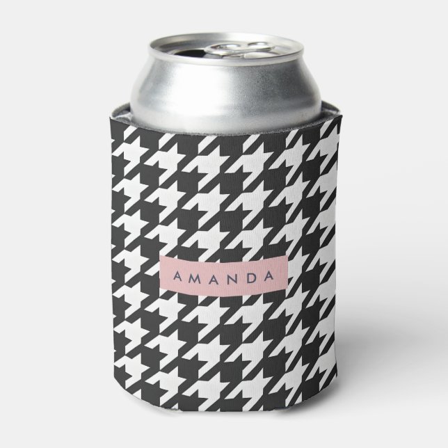 Personalized Classic Black and White Houndstooth  Can Cooler (Can Front)