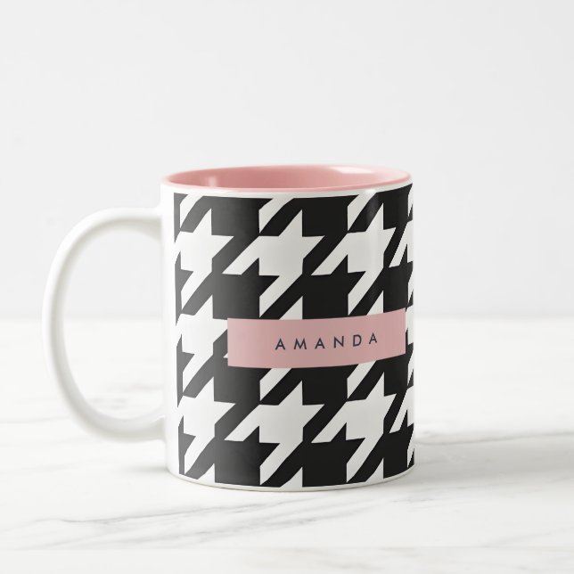 Personalized Classic Black and White Houndstooth  Two-Tone Coffee Mug (Left)