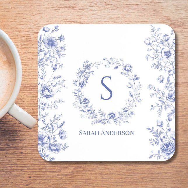 Personalized Classic Blue Flowers Floral Pattern Coaster (In situ)