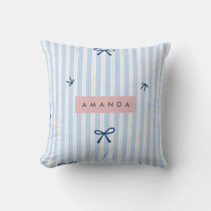 Personalized Classic Blue Pastel Striped Bow Cushion