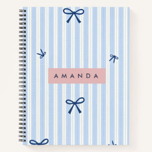 Personalized Classic Blue Pastel Striped Bow Notebook