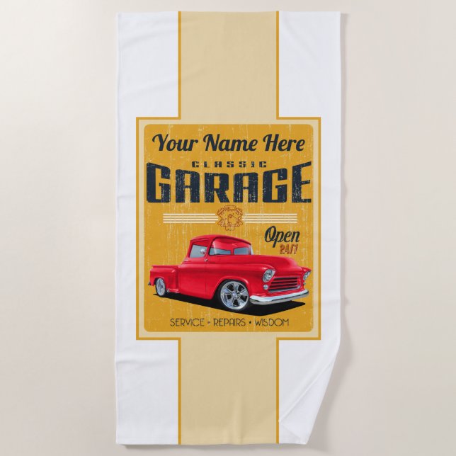 Personalized Classic Custom Truck Garage Beach Towel (Front)