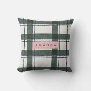Personalized Classic Forest Green and Navy Plaid Cushion