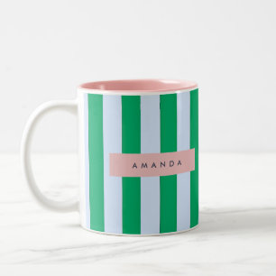 Personalized Classic Green and White Striped Two-Tone Coffee Mug
