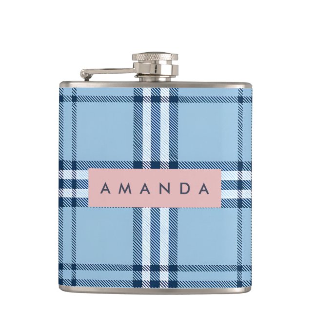Personalized Classic Light Blue & Navy Plaid  Hip Flask (Front)