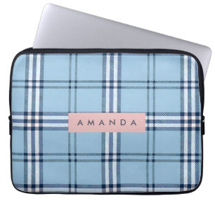 Personalized Classic Light Blue & Navy Plaid Laptop Sleeve
