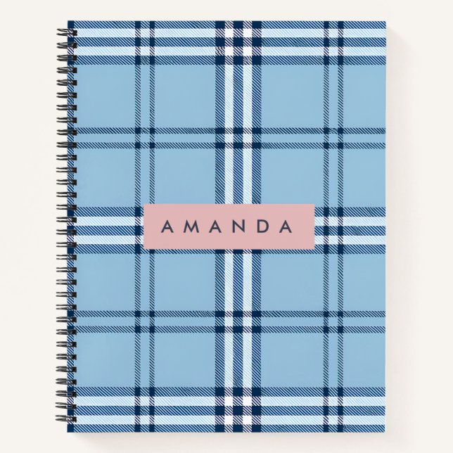 Personalized Classic Light Blue & Navy Plaid  Notebook (Front)
