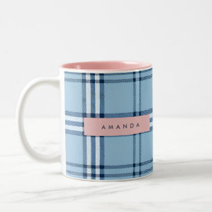 Personalized Classic Light Blue & Navy Plaid Two-Tone Coffee Mug