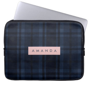 Personalized Classic Navy Blue Plaid Pattern Laptop Sleeve