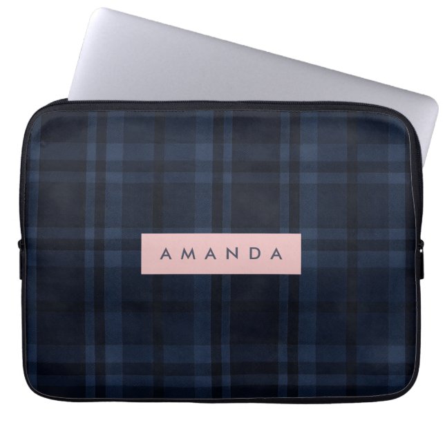 Personalized Classic Navy Blue Plaid Pattern Laptop Sleeve (Front)