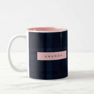 Personalized Classic Navy Blue Plaid Pattern Two-Tone Coffee Mug