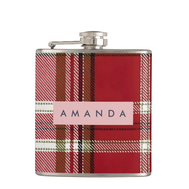 Personalized Classic Red and Olive Plaid  Hip Flask (Front)