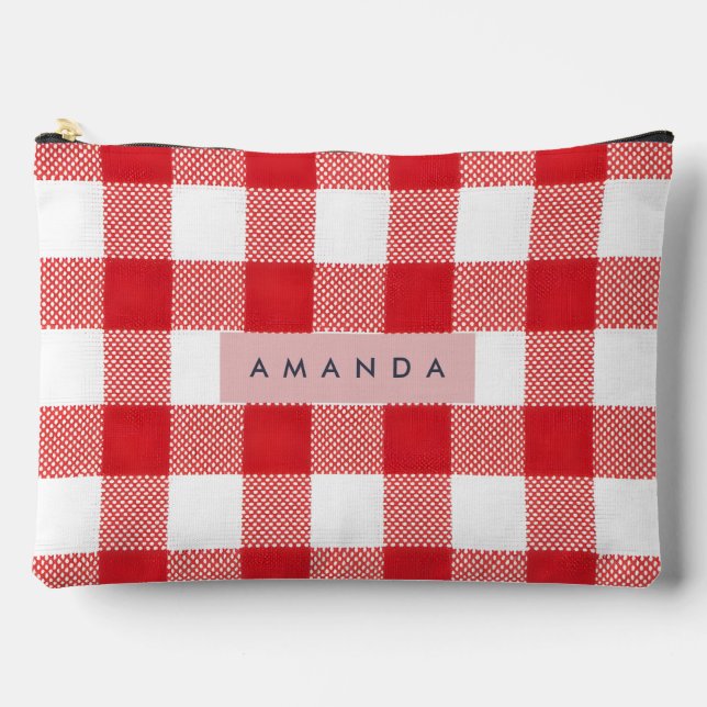 Personalized Classic Red Gingham Plaid Accessory Pouch (Front)