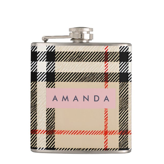 Personalized Classic Tan, Black & Red Plaid Hip Flask (Front)