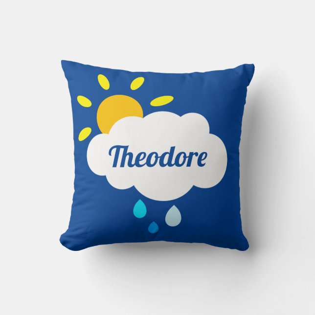 Personalized Cloud, Raindrops & Rainbow Cushion (Front)
