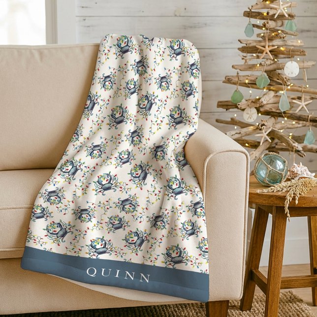 Personalized Coastal Crab Christmas Lights Holiday Fleece Blanket (Creator Uploaded)