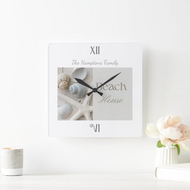 Personalized Coastal Seashell Beach House Decor Square Wall Clock (Home)