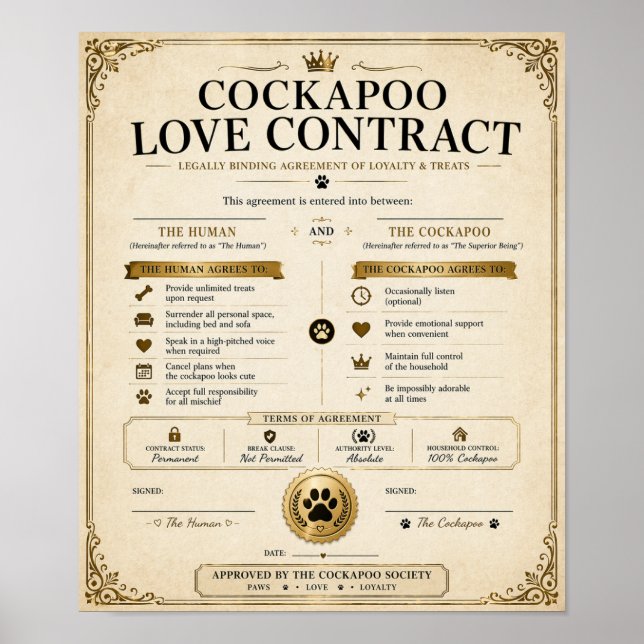 Personalized Cockapoo Love Contract Gift Poster (Front)