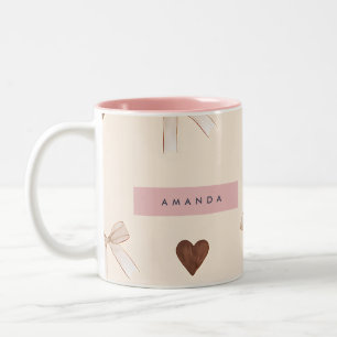 Personalized Cocoa Heart & Sheer Bow Two-Tone Coffee Mug