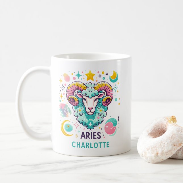 Personalized Colorful Aries Zodiac Astrology Sign Coffee Mug (With Donut)