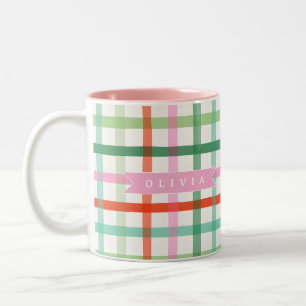 Personalized Colorful Christmas Holiday Plaid Two-Tone Coffee Mug