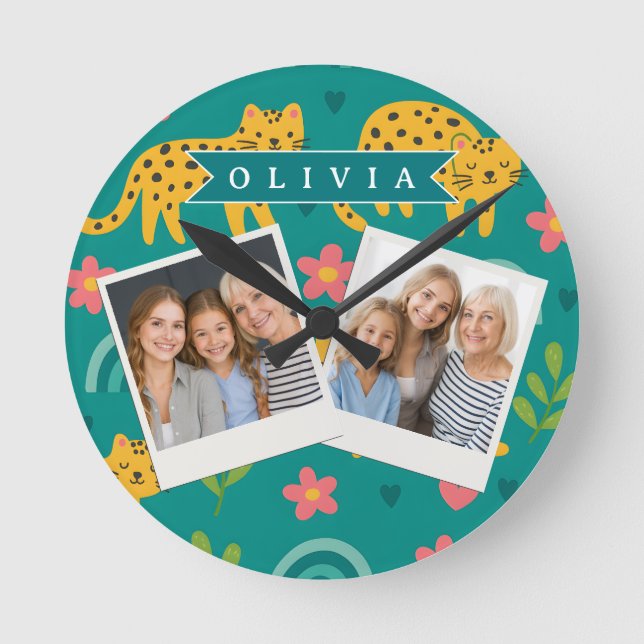 Personalized Colorful Fun Leopard Jungle Name Gift Round Clock (Front)