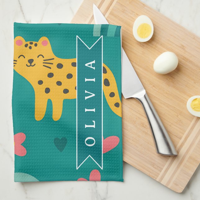 Personalized Colorful Fun Leopard Jungle Name Gift Tea Towel (Quarter Fold)