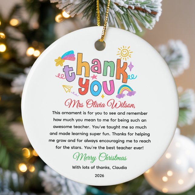 Personalized Colorful Teacher Appreciation Gift Ceramic Ornament (Creator Uploaded)