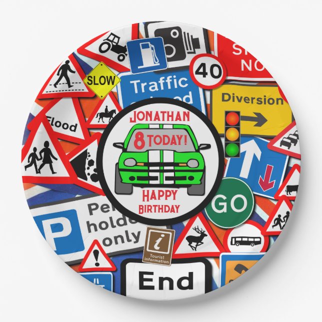 Personalized Colourful Road Signs, Birthday Party Paper Plate (Front)
