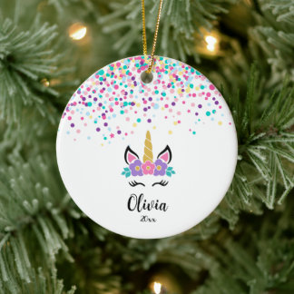 Personalized Confetti Unicorn - Custom Christmas Ceramic Ornament