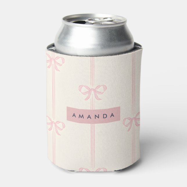 Personalized Coquette Blush Pink Bow Ribbon  Can Cooler (Can Front)