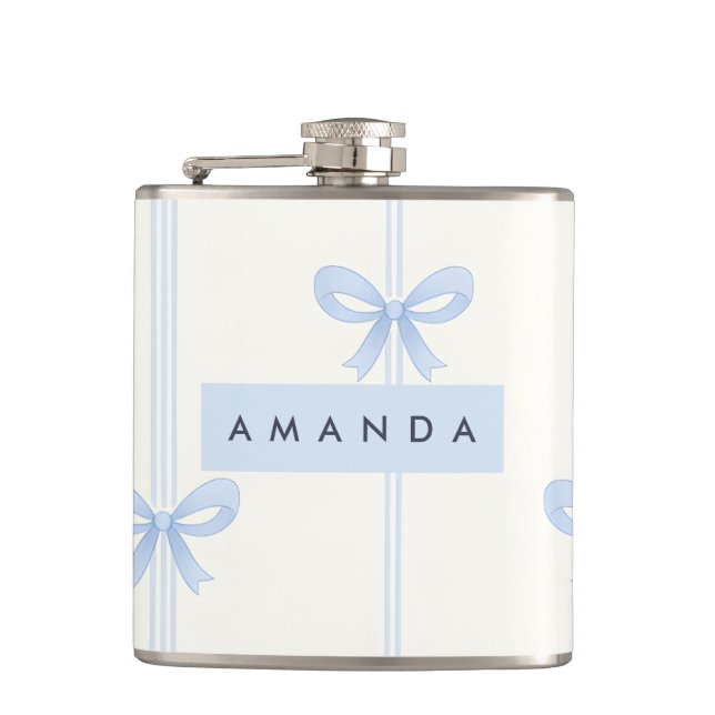 Personalized Coquette Pastel Soft Blue Ribbon Bow  Hip Flask (Front)