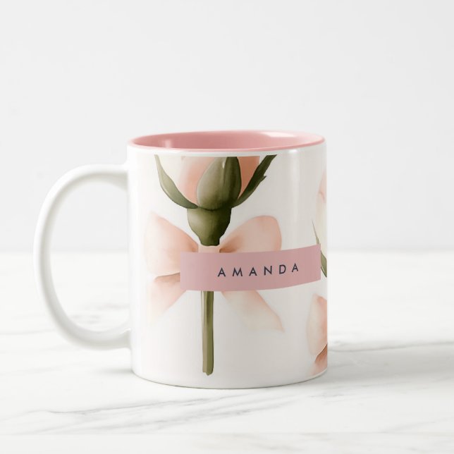 Personalized Coquette Pattern Blush Rose & Bow  Two-Tone Coffee Mug (Left)