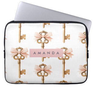 Personalized Coquette Pattern Gold Key & Pink Bow  Laptop Sleeve