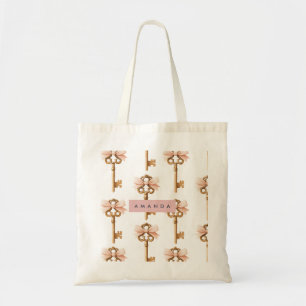 Personalized Coquette Pattern Gold Key & Pink Bow  Tote Bag