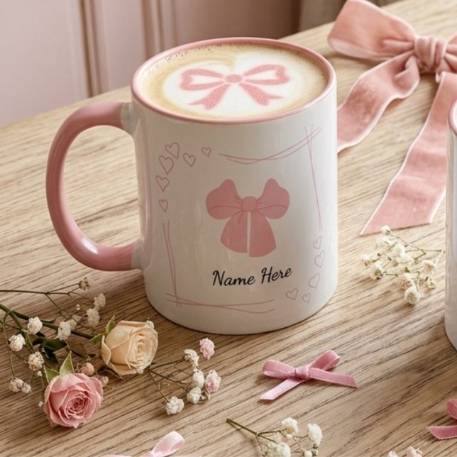 Personalized Coquette Pink Bow Coffee Mug (Custom text ceramic coquette pink bow mug with pink handle)