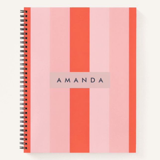 Personalized Coral & Pink Vertical Stripe Pattern Notebook (Front)