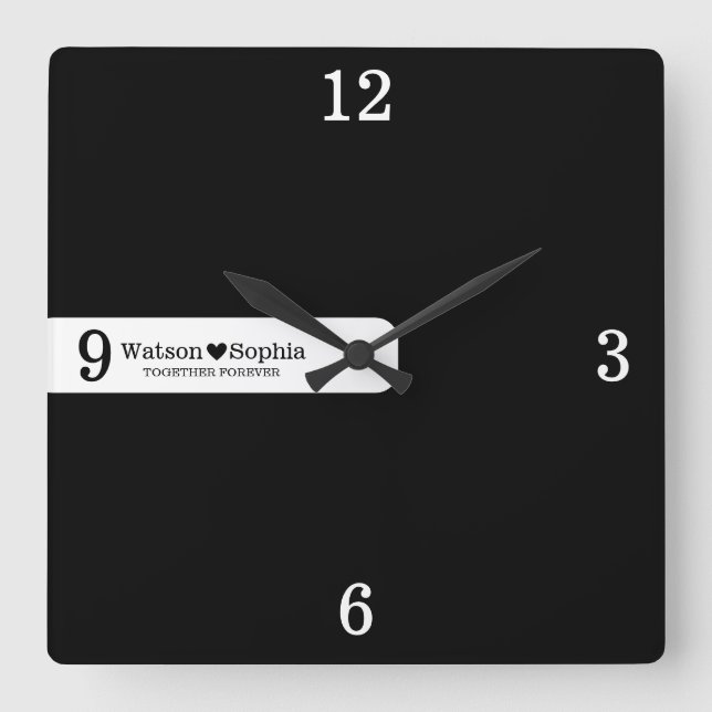 Personalized Couple Name | Love Quote Black  Square Wall Clock (Front)