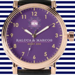 Personalized couple names elegant purple monogram watch<br><div class="desc">Personalized watch with the names of the bride and groom or the couple in love. This watch can be customized by changing the text with the name of the loved one or the wedding date. It can be an ideal gift for newlyweds or for silver or golden wedding anniversaries. Monogram...</div>