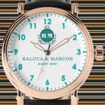 Personalized couple names green white minimal watch<br><div class="desc">Personalized with his & her initials and date, this custom watch is a sweet anniversary gift to celebrate a milestone occasion for a couple. It makes a meaningful gift for a special day. Personalized Watch Wedding Gift for Groom, Watch For Groom, Anniversary Gift for Men, Groom Gift From Bride, Gift...</div>