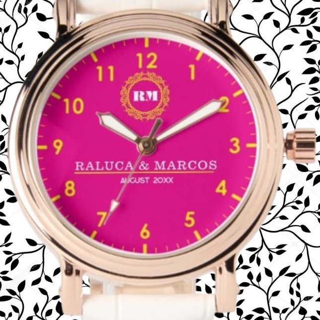 Personalized couple names minimal monogram pink watch (Creator Uploaded)