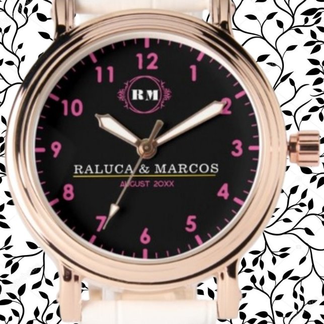 Personalized couple names monogram pink black watch (Creator Uploaded)