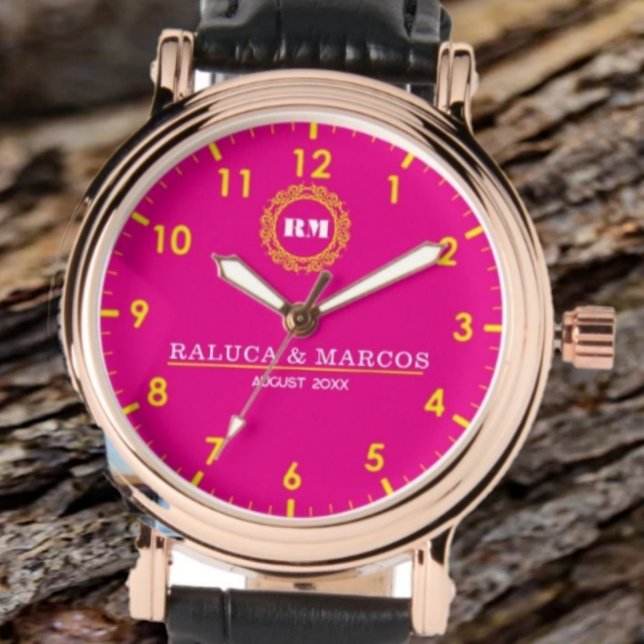 Personalized couple names monogram pink watch (Creator Uploaded)