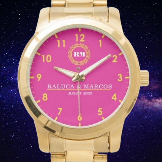 Personalized couple names monogram pink watch (Creator Uploaded)