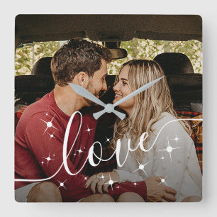 Personalized Couple Photo Love Script Sparkle Square Wall Clock
