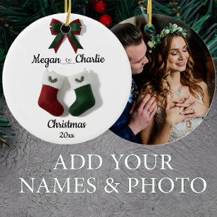 Personalized Couple Photo Red & Green Stockings Ceramic Ornament